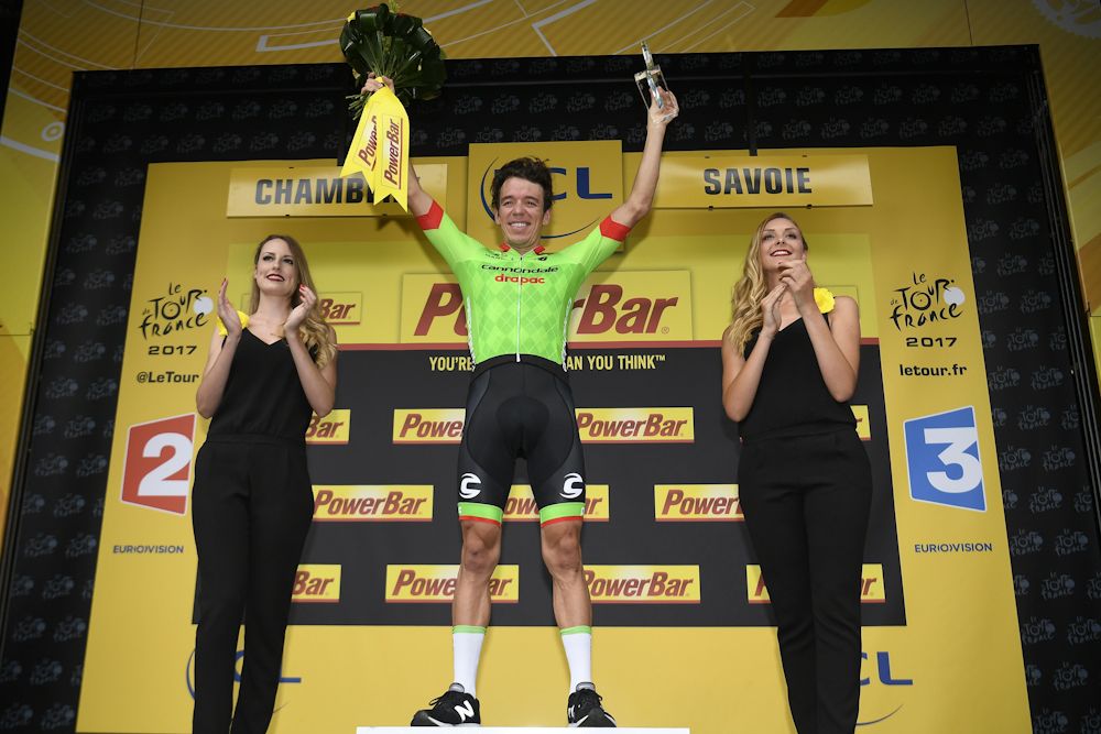Rigoberto Uran on the stage 9 podium at the Tour de France