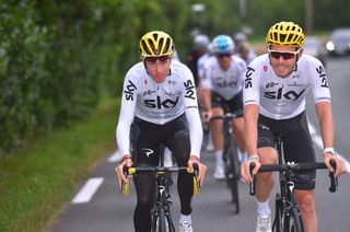 A smiling Luke Rowe with Sky teammate Chris Froome