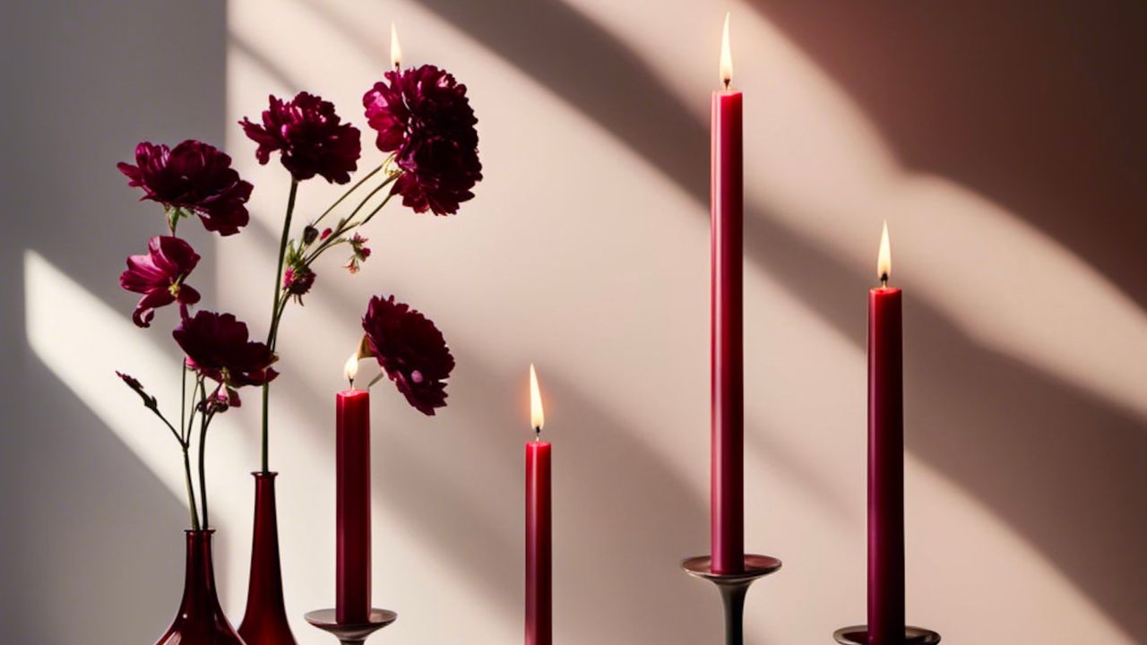 Candlesticks, candles and a vase and flowers in Etsy&#039;s 2024 colour of the year, Berry