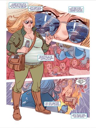 Plus-size superhero Faith is confident and solves problems. No aspect of the storyline is based on her size