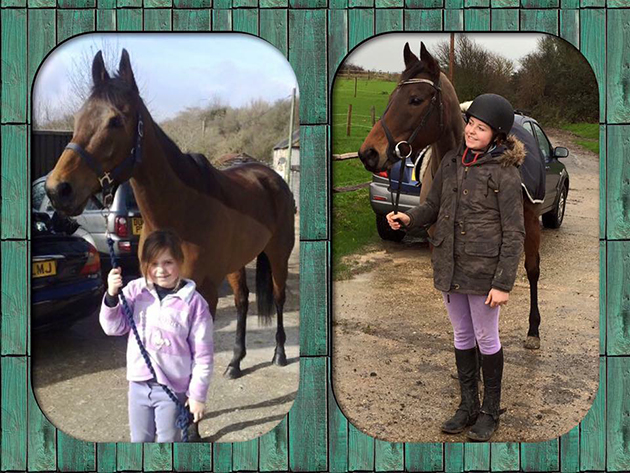&lsquo;This is my daughter aged seven and fourteen &mdash; with Queenie, a friend&rsquo;s mare she rode then and now.&rsquo; &mdash; Jeni Harte