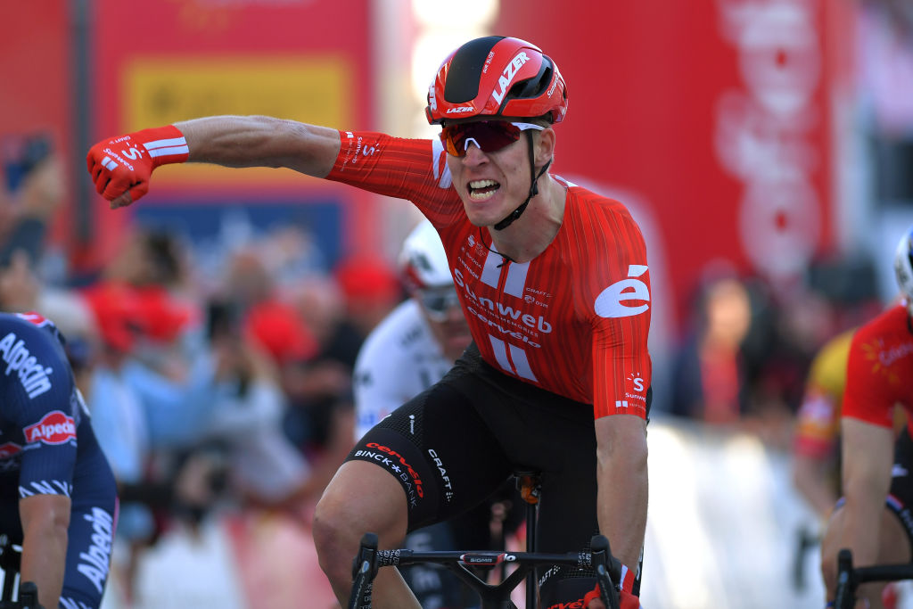 TAVIRA PORTUGAL FEBRUARY 21 Arrival Cees Bol of The Netherlands and Team Sunweb Celebration Fabio Jakobsen of The Netherlands and Team Deceuninck Quick Step Red Points Jersey during the 46th Volta ao Algarve 2020 Stage 3 a 2019Km stage from Faro to Tavira VAlgarve2020 on February 21 2020 in Tavira Portugal Photo by Tim de WaeleGetty Images