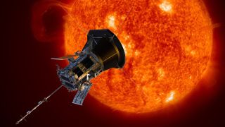 Artist's illustration of the parker solar probe in foreground and large orange sun in the background.