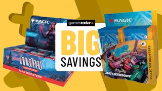 An Innistrad Remastered Play Booster Box and Aetherdrift Collector Booster Box on either side of a 'big savings' badge, all against a yellow background