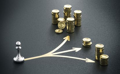 One pawn and many golden coins over black background with 3 arrows signaling diversification.