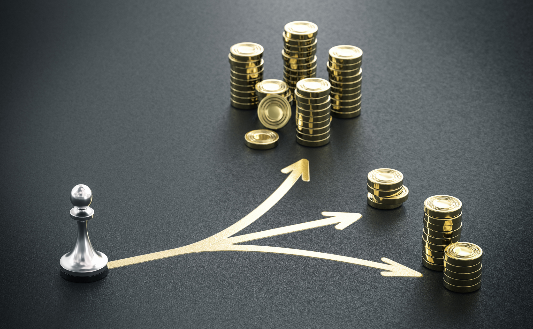 One pawn and many golden coins over black background with 3 arrows signaling diversification.