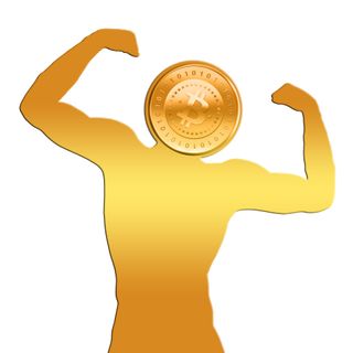 A sentient Bitcoin doing a strong man pose