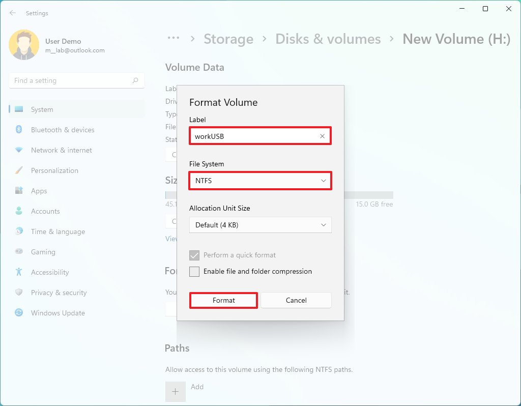 Windows 11 format USB drive settings