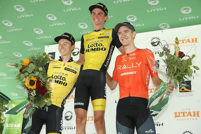 The top three on stage 2 of the 2018 Tour of Utah: winner Sepp Kuss with teammate Neilson Powless and Rally Cycling's Kyle Murphy