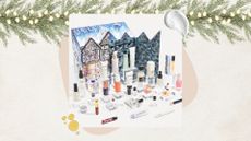 Image of the Liberty Beauty Advent Calendar 2026 on a beige background with a garland with lights at the top, cream and oil swatches