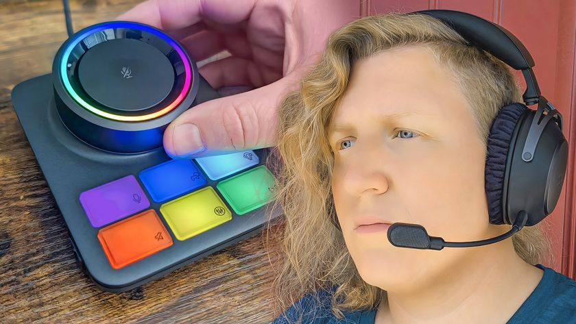 A hand changing the volume on the RGB Station and a woman wearing the HyperX Cloud Alpha 2 Wireless.