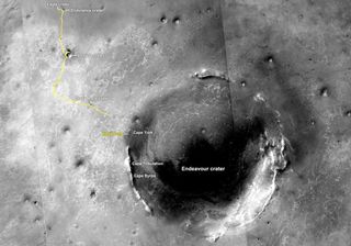 The yellow line on this map shows where NASA's Mars rover Opportunity has driven, as of June 2011, after landing on Mars in January 2004.