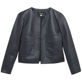 black cropped leather jacket, collarless, no fastening with front patch pockets