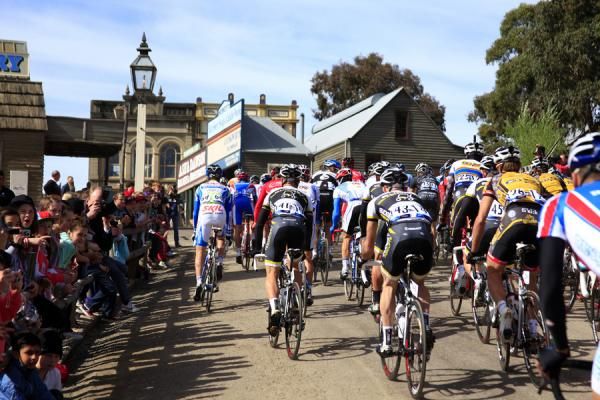 The peloton leaves the mining museum town of Sovereign Hill