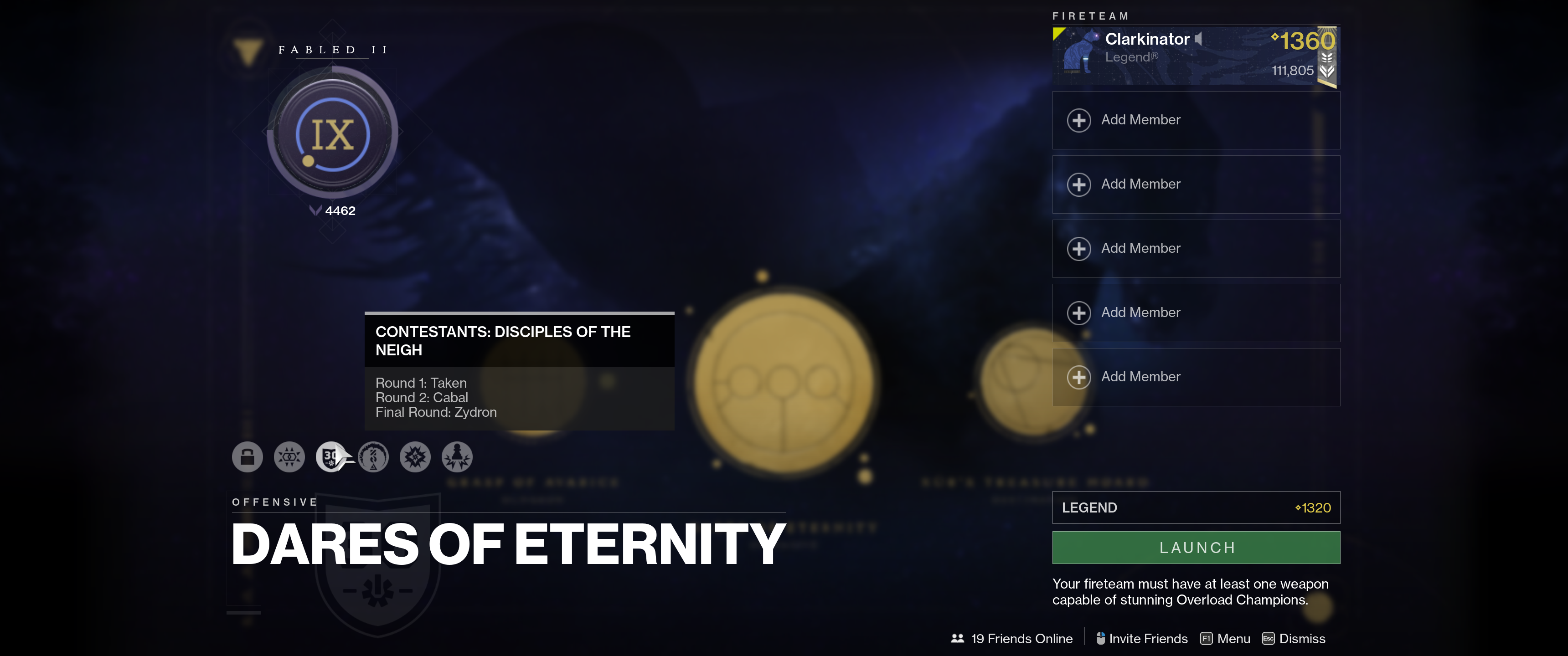 Destiny 2 Dares of Eternity menu screen.