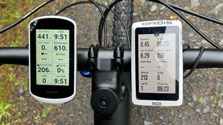 Top down screen view of a Garmin and Sigma Bike GPS devices