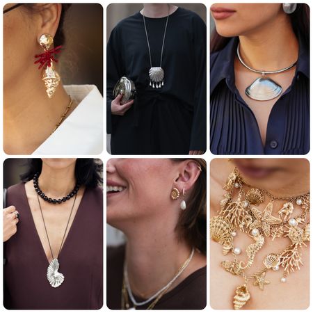 collage of women wearing seashell jewelry 