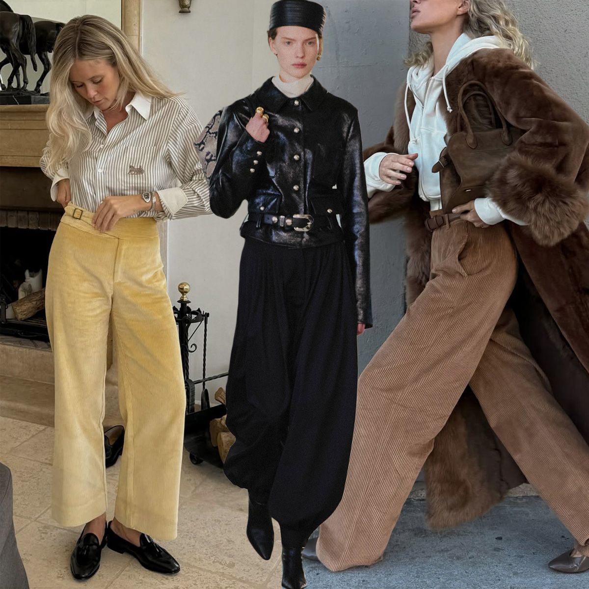 a collage of influencer and runway images featuring the biggest pant trends of 2026