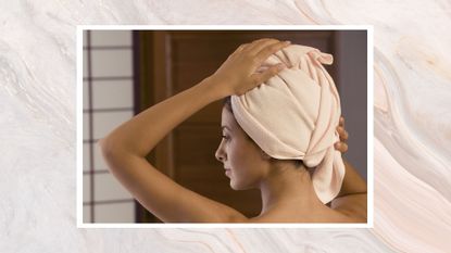 a marbled frame containing a close up image of a woman's head and shoulders, with a towel on her head, with a Japanese shoji door in the background