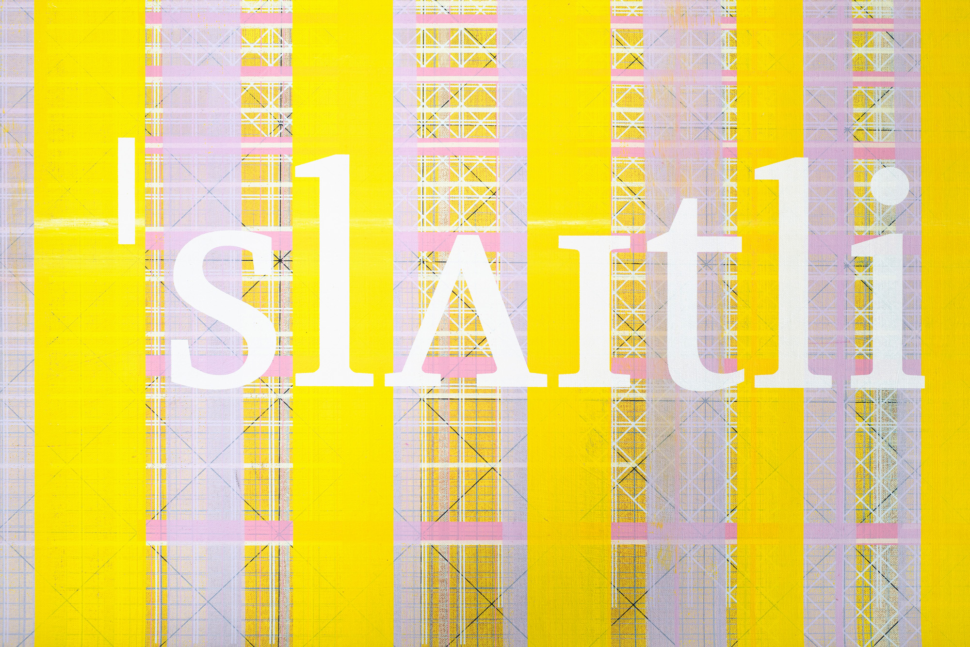 graphic artwork with yellow stripes and white type, by Magda Stawarska and Lubaina Himid