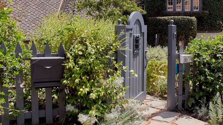 邮箱景观的想法显示一个灰色的邮箱在灰色的尖桩篱笆与绿色的灌木丛。