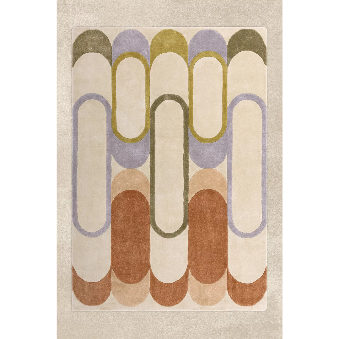 beige, burnt orange, lavender and green area rug