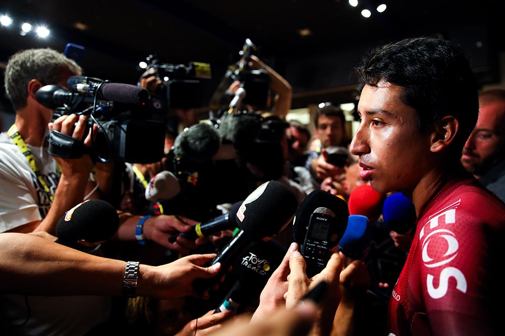 Egan Bernal (Team Ineos) speaks to the press on the second rest day at the Tour de France