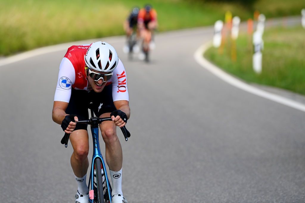 KUSNACHT SWITZERLAND JUNE 12 Simon Vitzthum of Switzerland and Team Switzerland attacks in the breakaway during the 85th Tour de Suisse 2022 Stage 1 a 1776km stage from Kusnacht to Kusnacht 679m ourdesuisse2022 WorldTour on June 12 2022 in Kusnacht Switzerland Photo by Tim de WaeleGetty Images