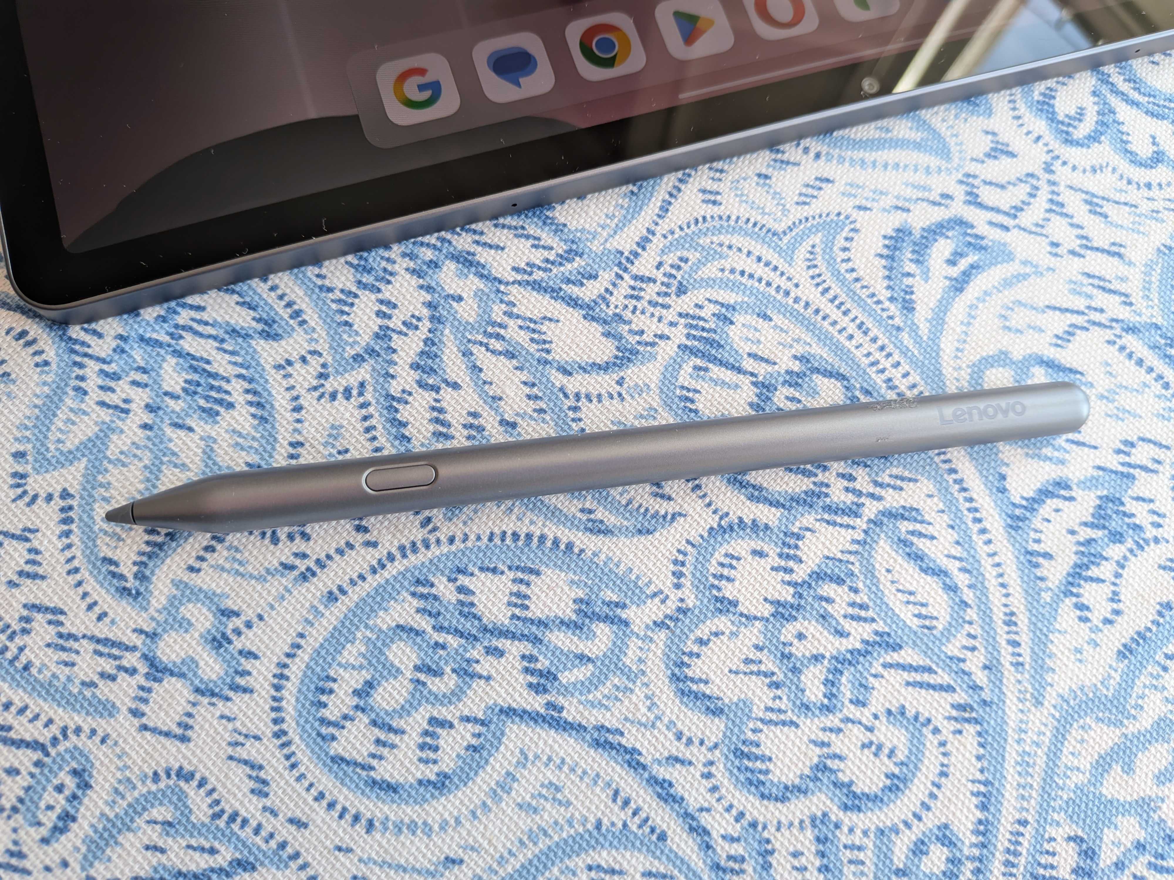 A Lenovo Idea Tab Pro tablet on a blue and white table
