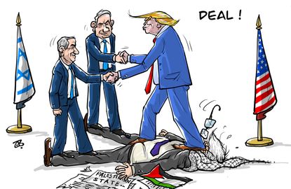 Political Cartoon U.S. Trump Netanyahu peace talk Israel Palestine stepped on