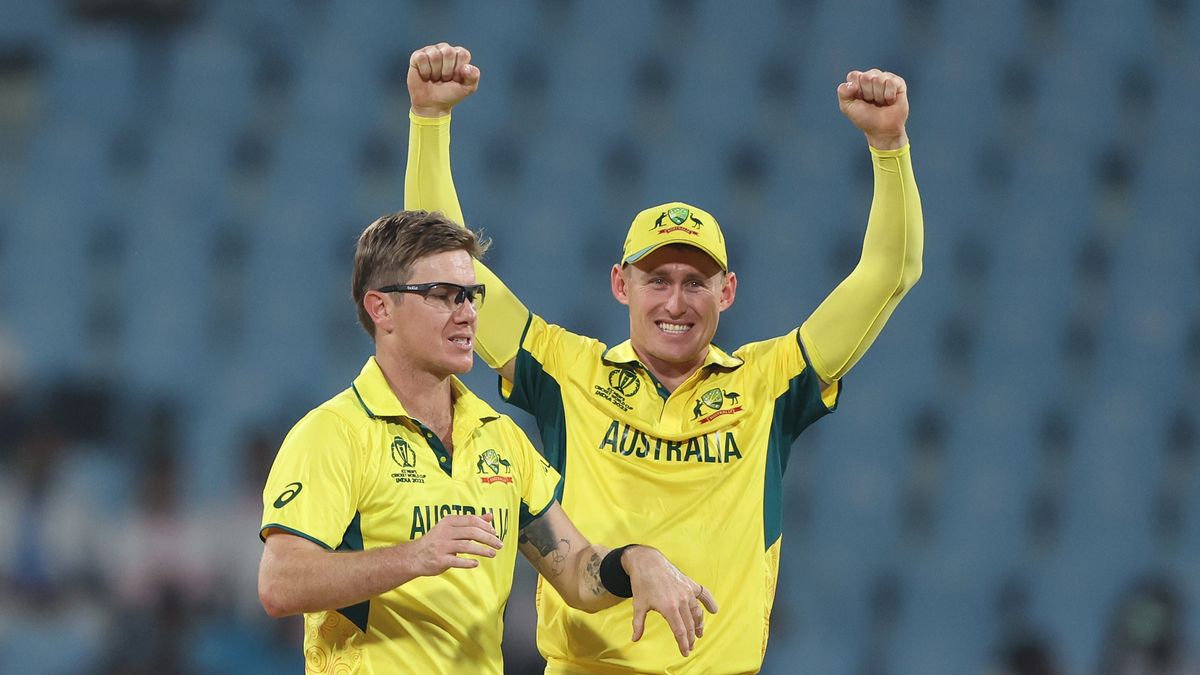 Adam Zampa of Australia celebrates a wicket ahead of the Australia vs New Zealand ICC Men&#039;s Cricket World Cup 2023 game.