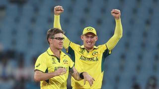 Adam Zampa of Australia celebrates a wicket ahead of the Australia vs New Zealand ICC Men's Cricket World Cup 2023 game.