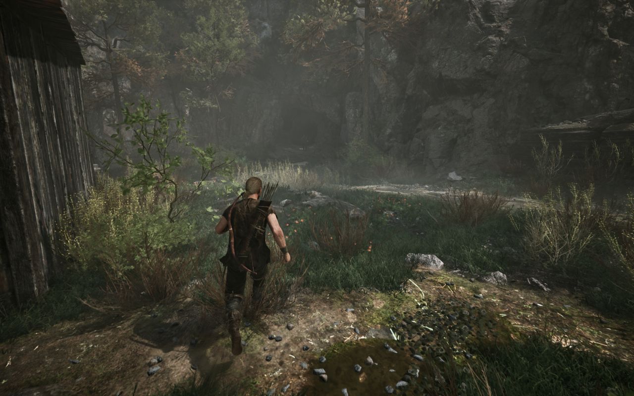 Gothic Remake New Camp: A player running towards at the pond cave outside the camp.