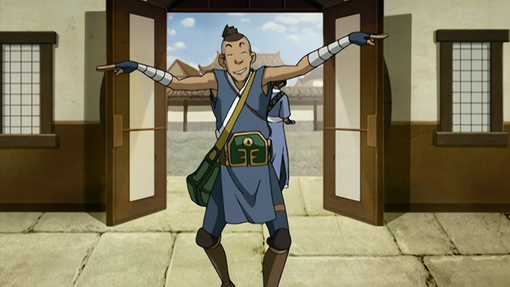 Sokka putting both hands out and saying "Water Tribe."