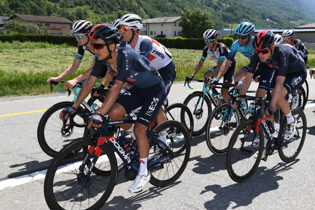 LEUKERBAD SWITZERLAND JUNE 10 Richard Carapaz of Ecuador Pavel Sivakov of Russia and Team INEOS Grenadiers during the 84th Tour de Suisse 2021 Stage 5 a 1752km stage from Gstaad to Leukerbad 1385m UCIworldtour tds tourdesuisse on June 10 2021 in Leukerbad Switzerland Photo by Tim de WaeleGetty Images