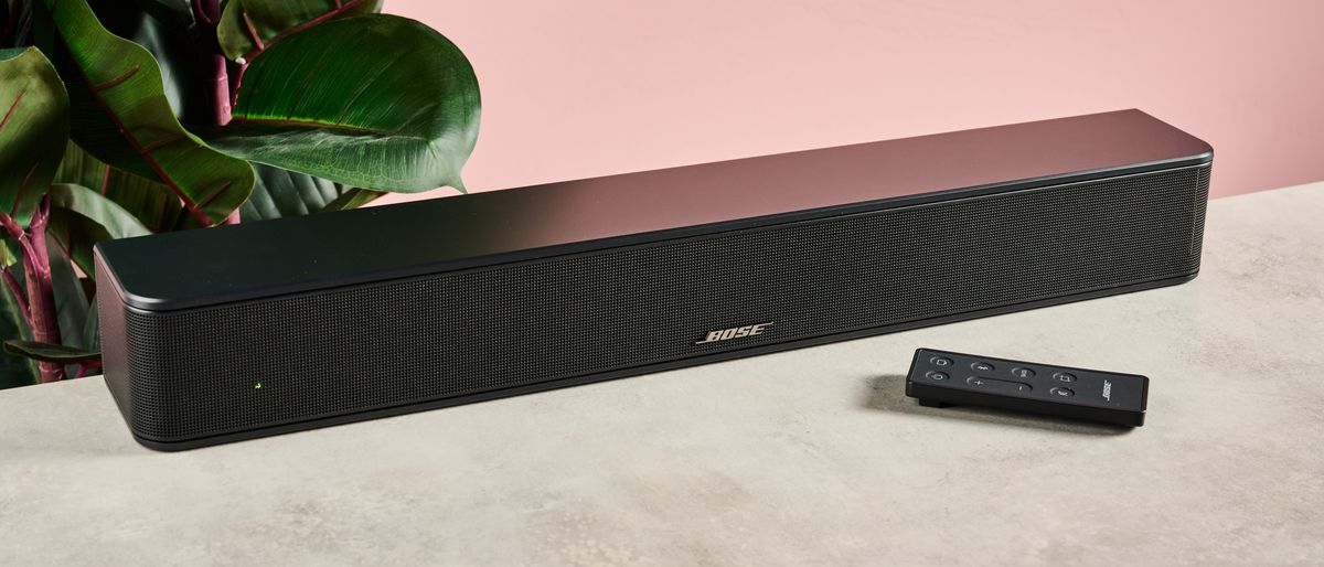 Bose Solo Soundbar 2 against pink background with plant