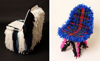 Two chairs highly decorated in wool and other materials
