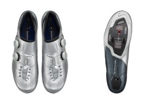 Shimano S-Phyre RC903S road shoe in silver shown from the top and the sole