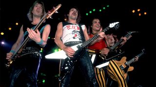 German Rock group Scorpions perform onstage at the Rosemont Horizon, Rosemont, Illinois, May 20, 1984. Pictured are, from left, Francis Buchholz, on bass guitar, and Rudolf Schenker, Matthias Jabs, and Klaus Meine, all on guitar.