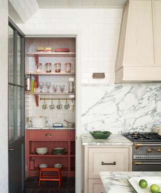 A marble kitchen with pink accents