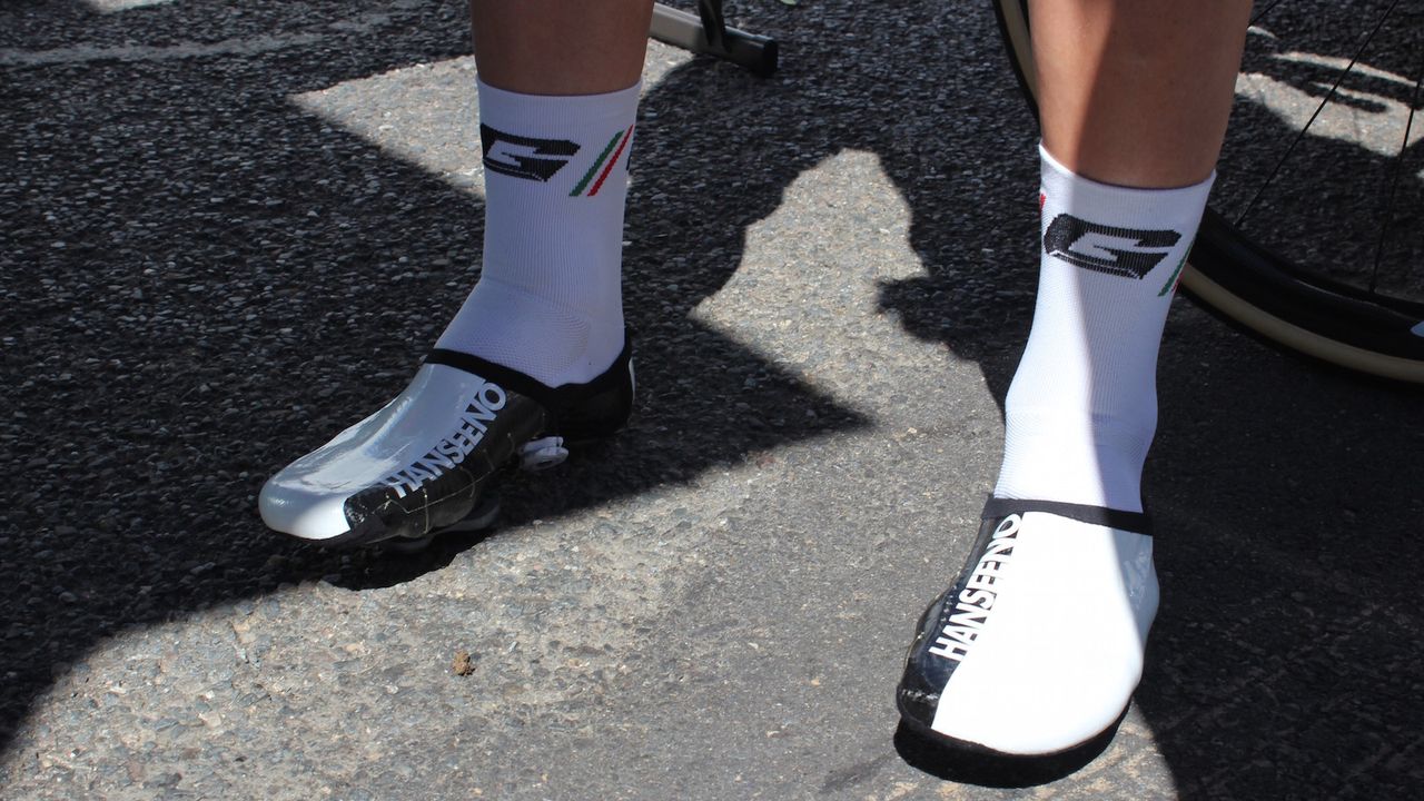 Unpainted versions of the shoes were seen earlier in the week and Hansen wore his branded versions on the penultimate stage
