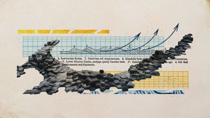 Photo collage of basalt rocks, rock dust, and vintage diagram of rock deposits