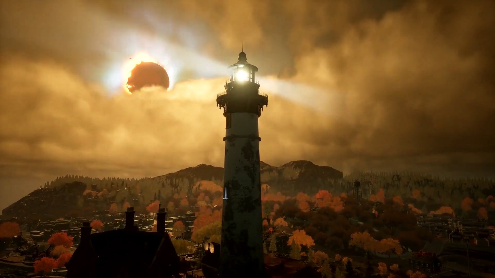 A lighthouse shining its light over the quaint town of Redfall