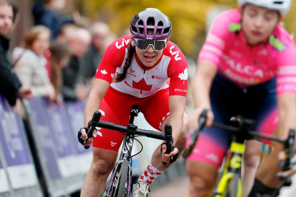 HOOGEVEEN NETHERLANDS OCTOBER 23 Alison Jackson of Canada and Team Liv Racing crosses the finishing line during the 17th UCI Womens WorldTour Ronde van Drenthe 2021 a 1591km one day race from Assen to Hoogeveen UCIWWT RondevDrenthe on October 23 2021 in Hoogeveen Netherlands Photo by Bas CzerwinskiGetty Images