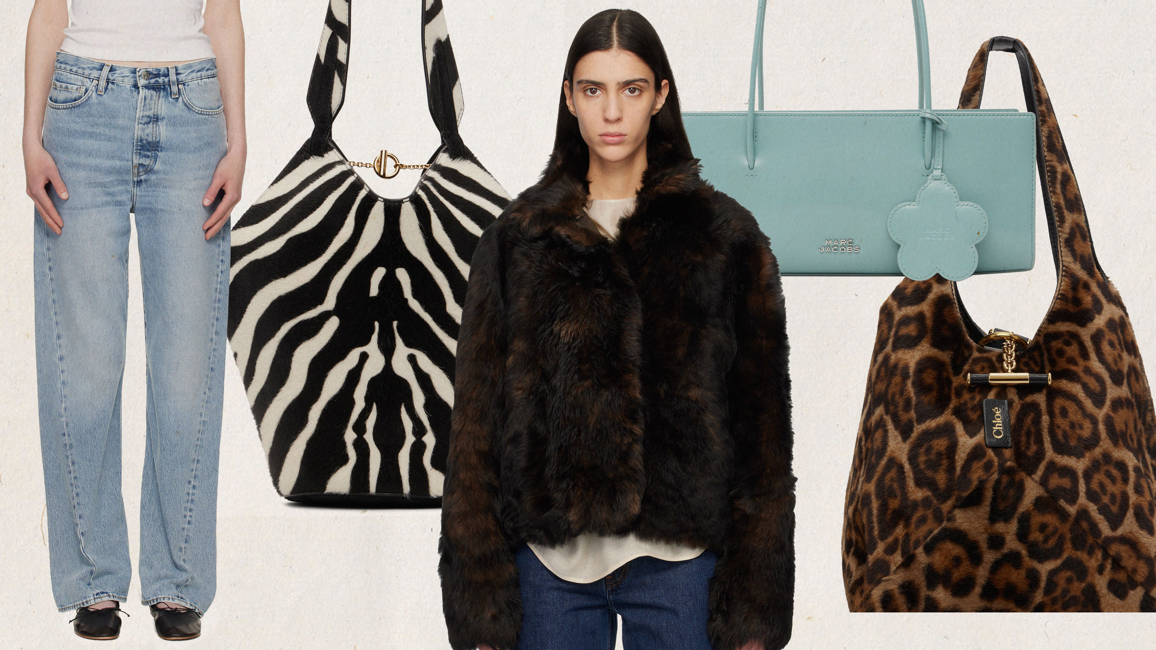 Collage of animal print bags, jeans, faux fur coat
