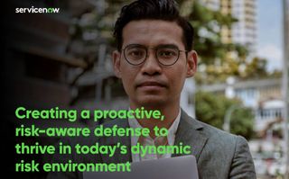 man holding a laptop, large green text that says Creating a proactive, risk-aware defense to thrive in today’s dynamic risk environment