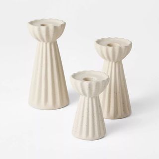 Set of 3 Ceramic Ribbed Taper Candle Holders Beige