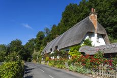 thatched cottage by a road