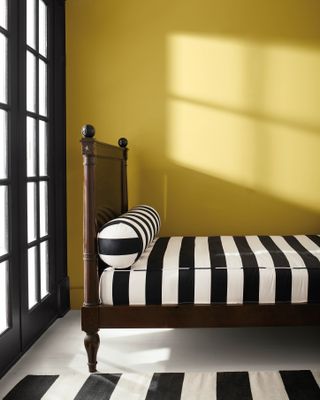 a green wall with a black and white striped daybed