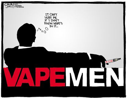 Political Cartoon U.S. Vape Men Can't Hurt Tobacco Industry 1950s